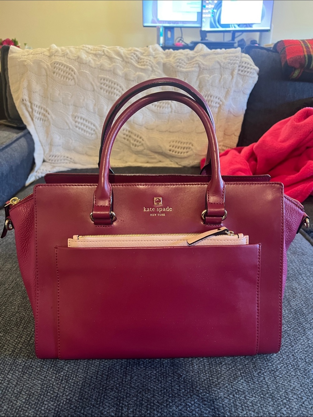 kate spade Berry Leather Satchel with Pink Accent